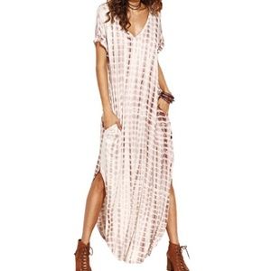 Brown + White Tie Dye Maxi Dress w/ Slits, XS.